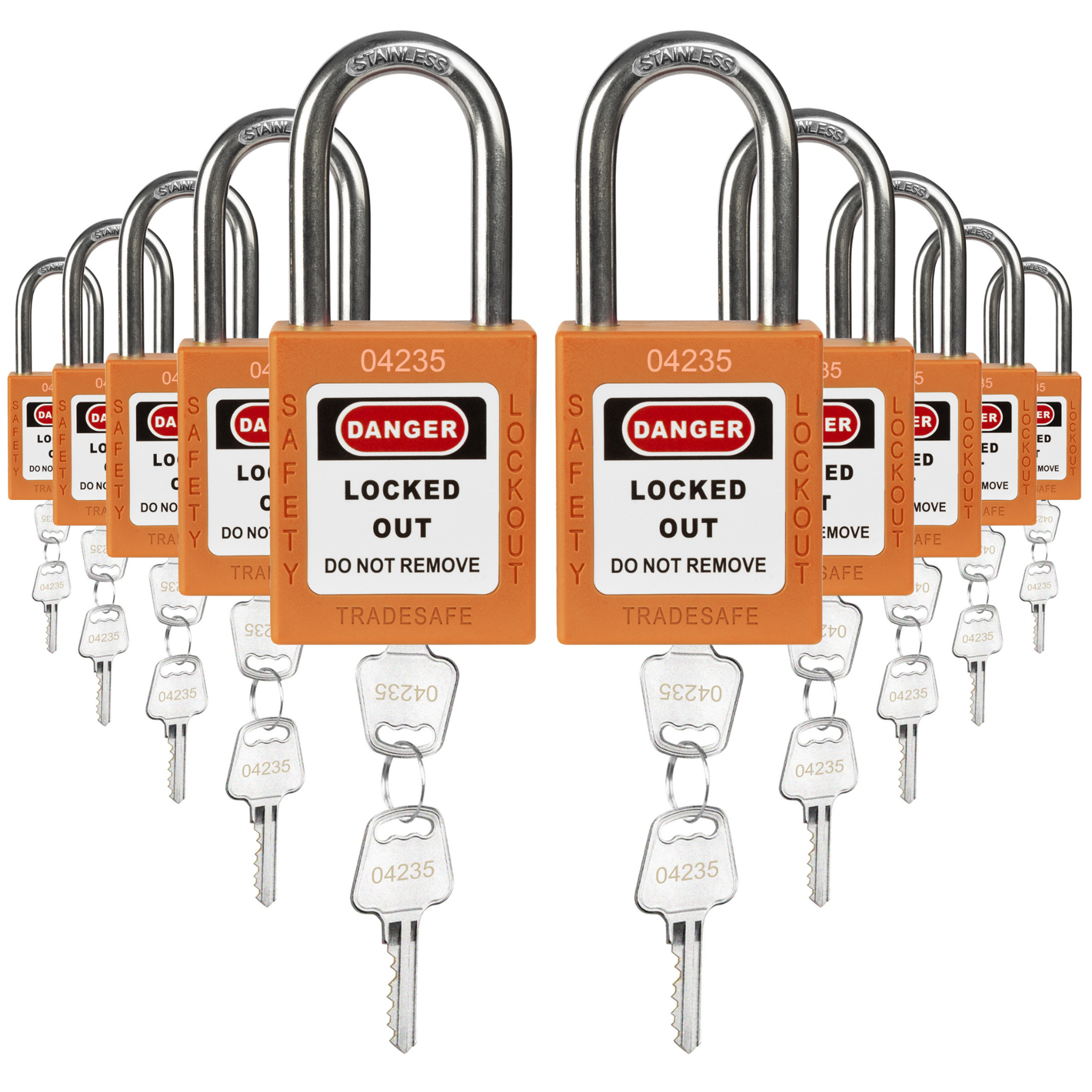 Keyed Alike Lockout Locks - 10 Orange Padlocks - 2 Keys Per Lock