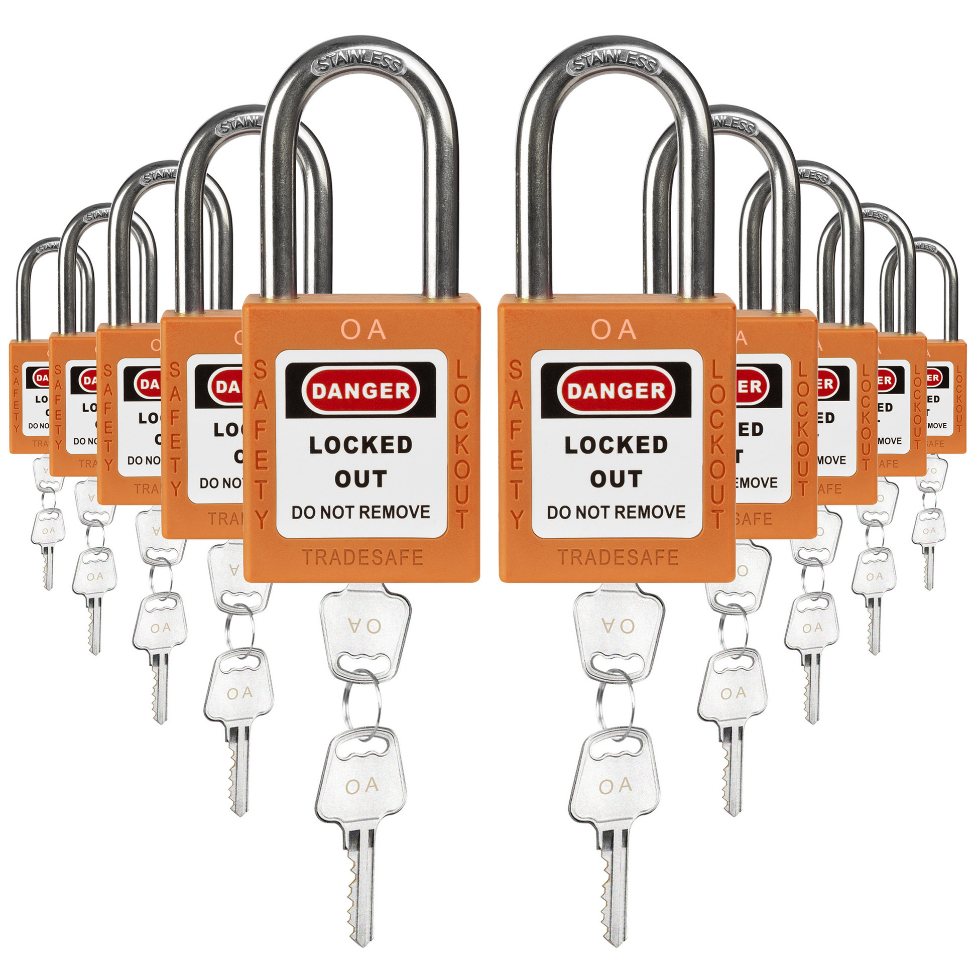 ten orange loto padlocks, each with two keys and a OA letter code on both the lock body and the keys