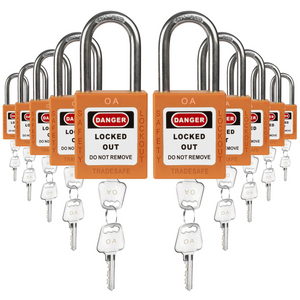 ten orange loto padlocks, each with two keys and a OA letter code on both the lock body and the keys