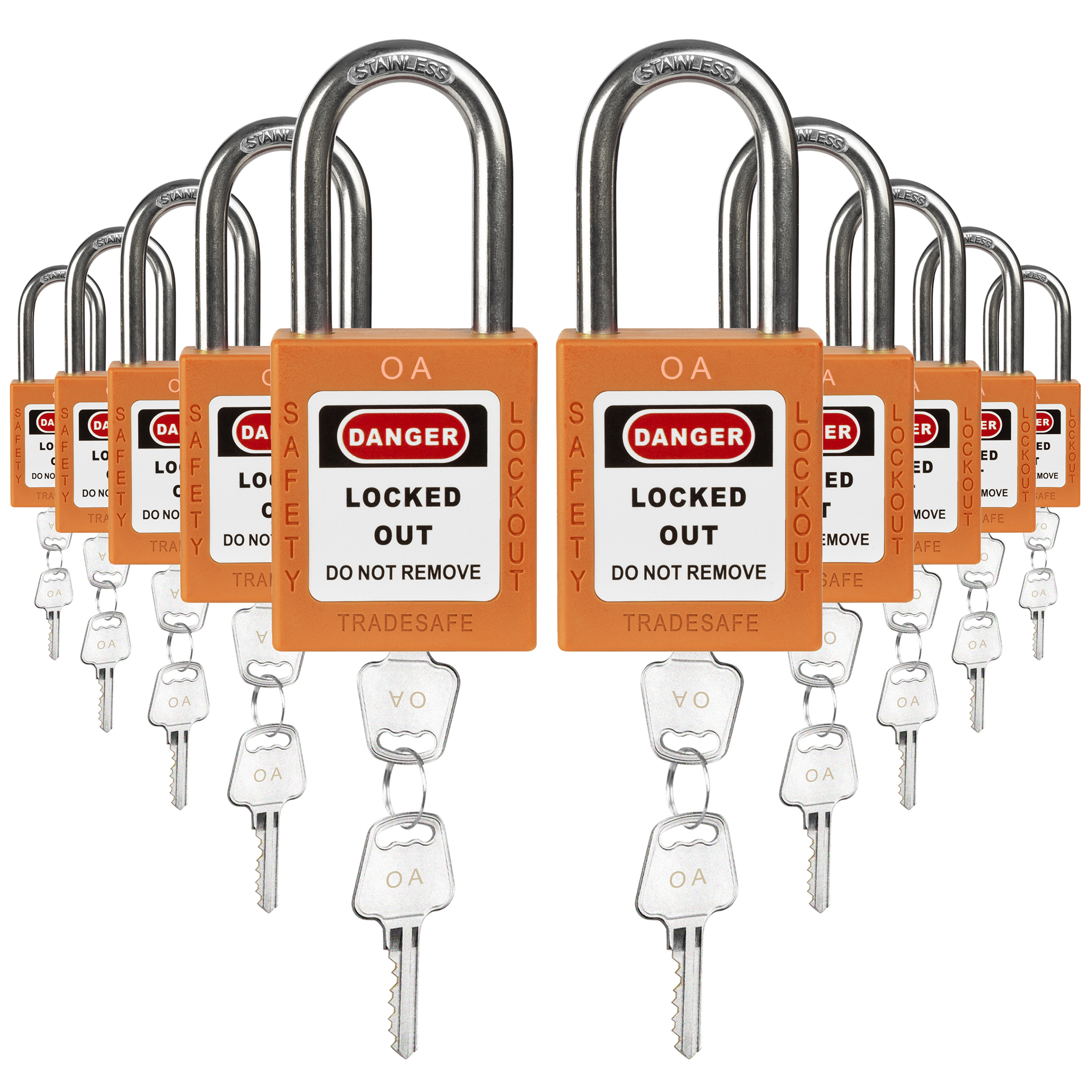 Keyed Alike Unlimited Lockout Locks - 10 Orange Padlocks - 2 Keys Per Lock