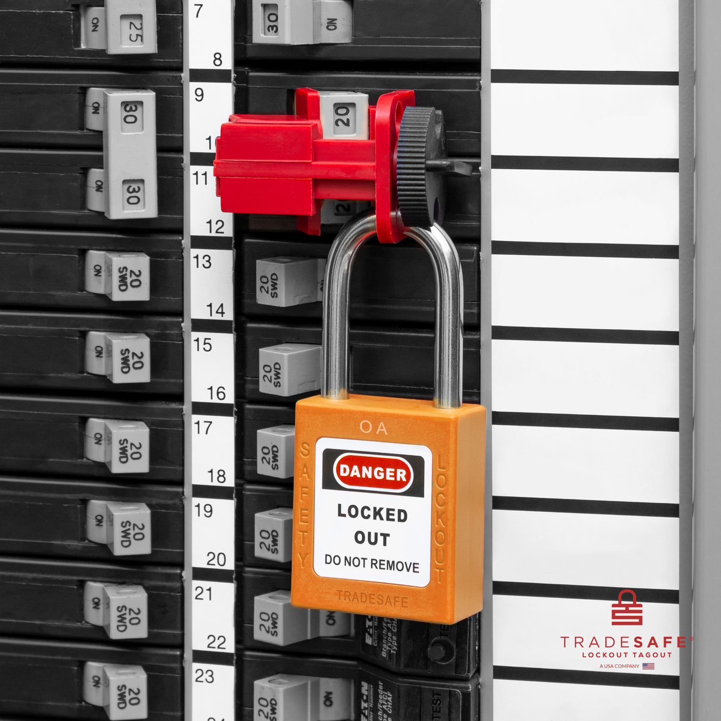a orange loto padlock in use along with a universal multipole circuit breaker lock 