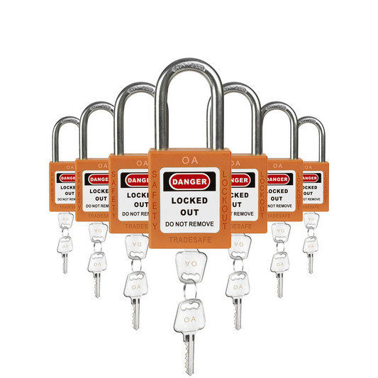 seven orange loto padlocks, each with two keys and a OA letter code on both the lock body and the keys 