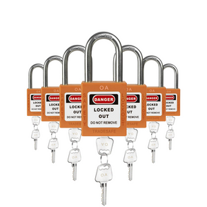 seven orange loto padlocks, each with two keys and a OA letter code on both the lock body and the keys 