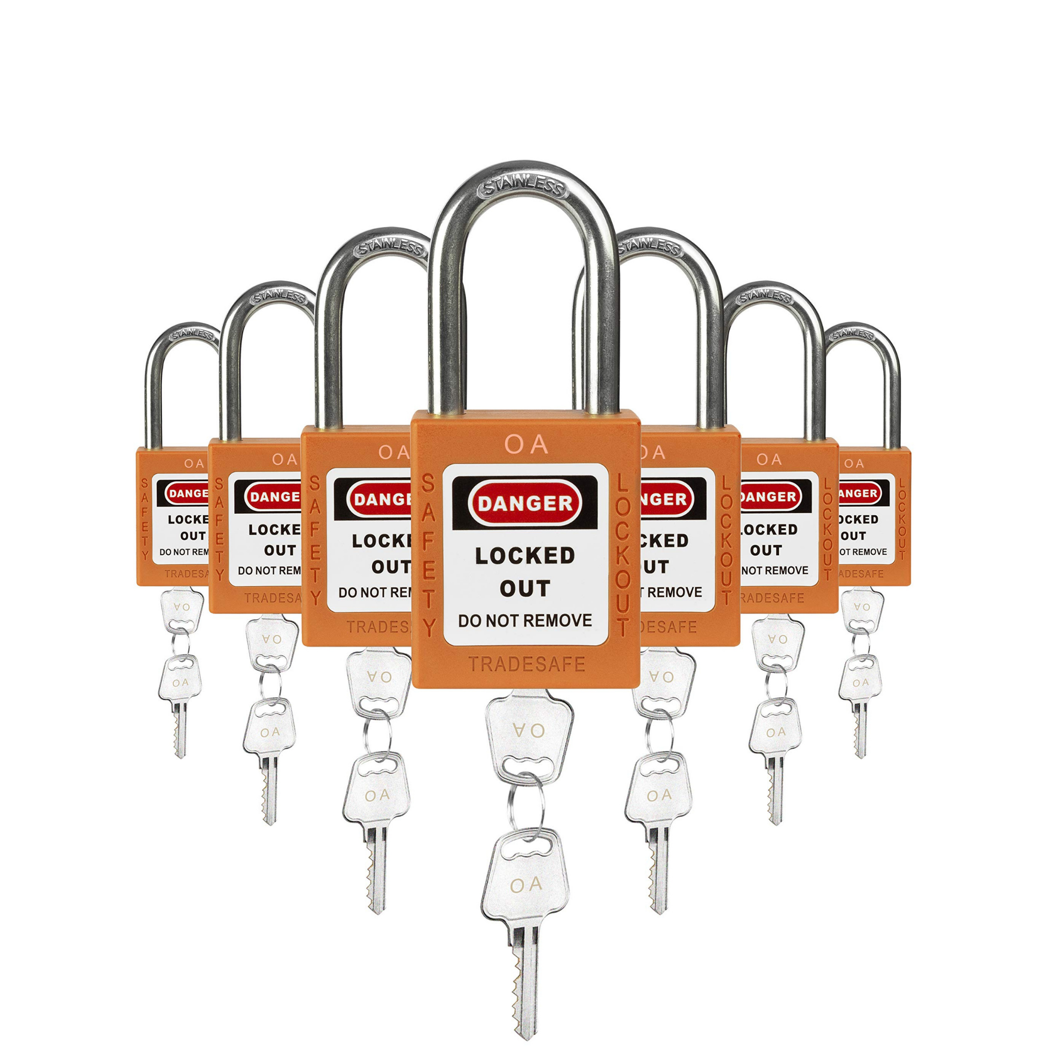 Keyed Alike Unlimited Lockout Locks - 7 Orange Padlocks - 2 Keys Per Lock