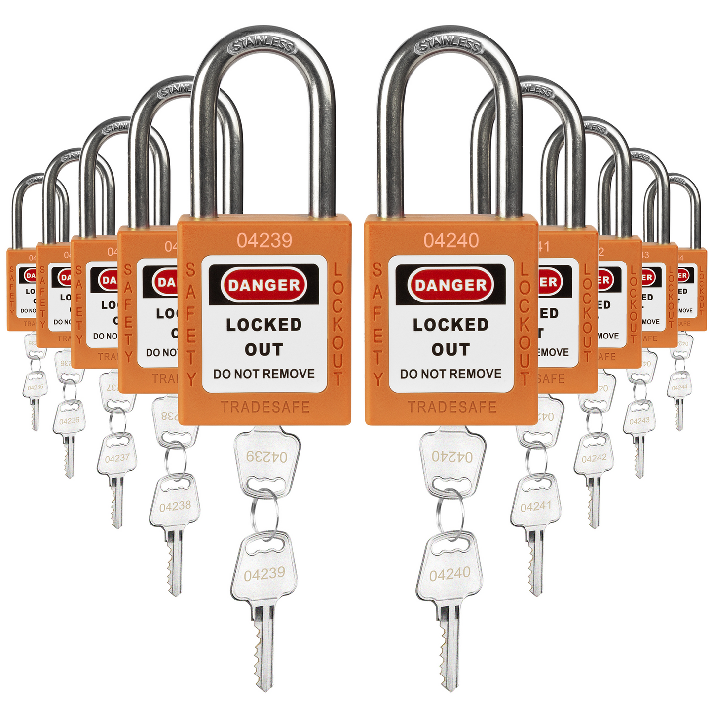 ten orange loto padlocks, each with two keys and a unique five-digit code engraved in both keys and padlock body