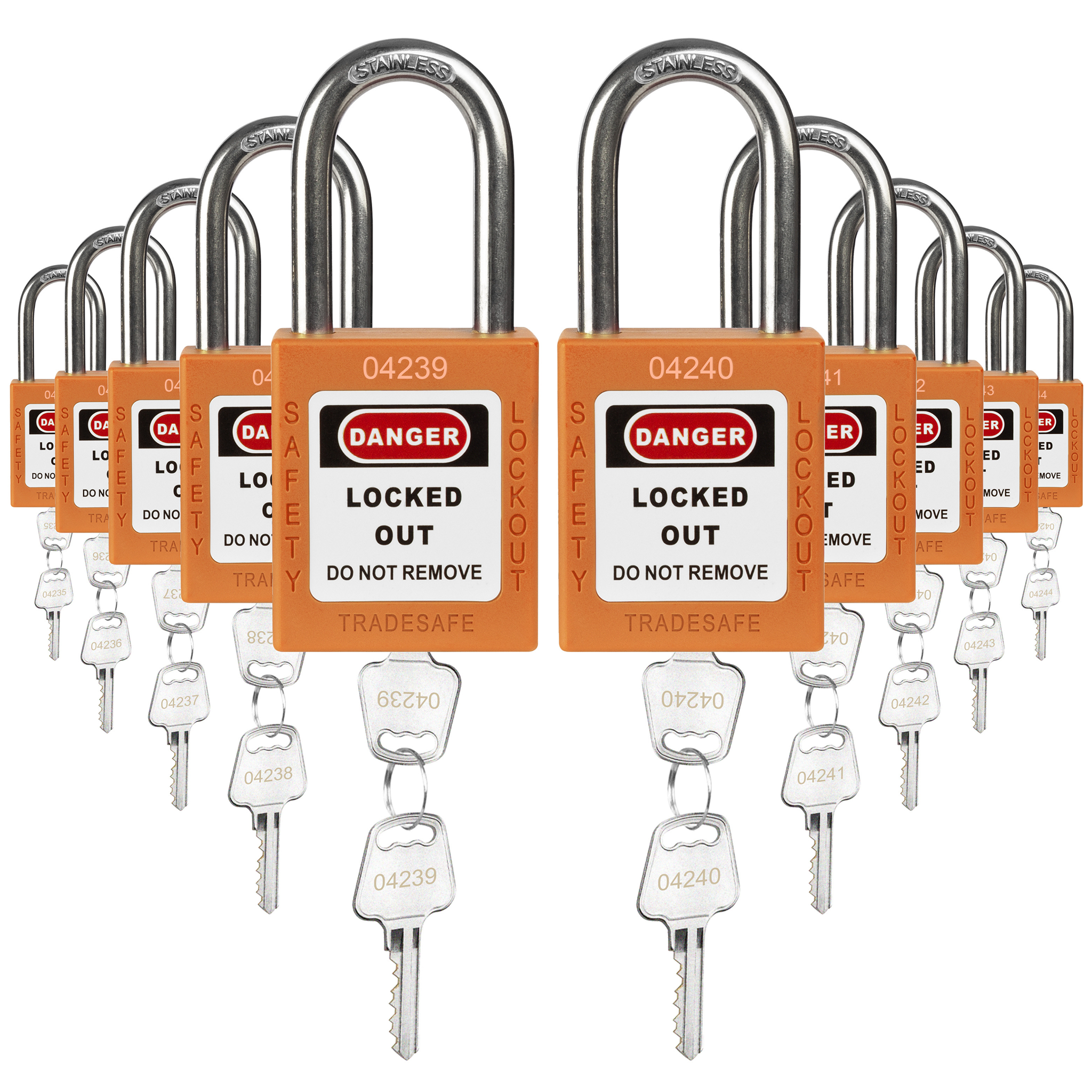 Keyed Different Lockout Locks - 10 Orange Padlocks - 2 Keys Per Lock