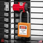 an orange loto padlock in-use along with a universal multi-pole circuit breaker lock