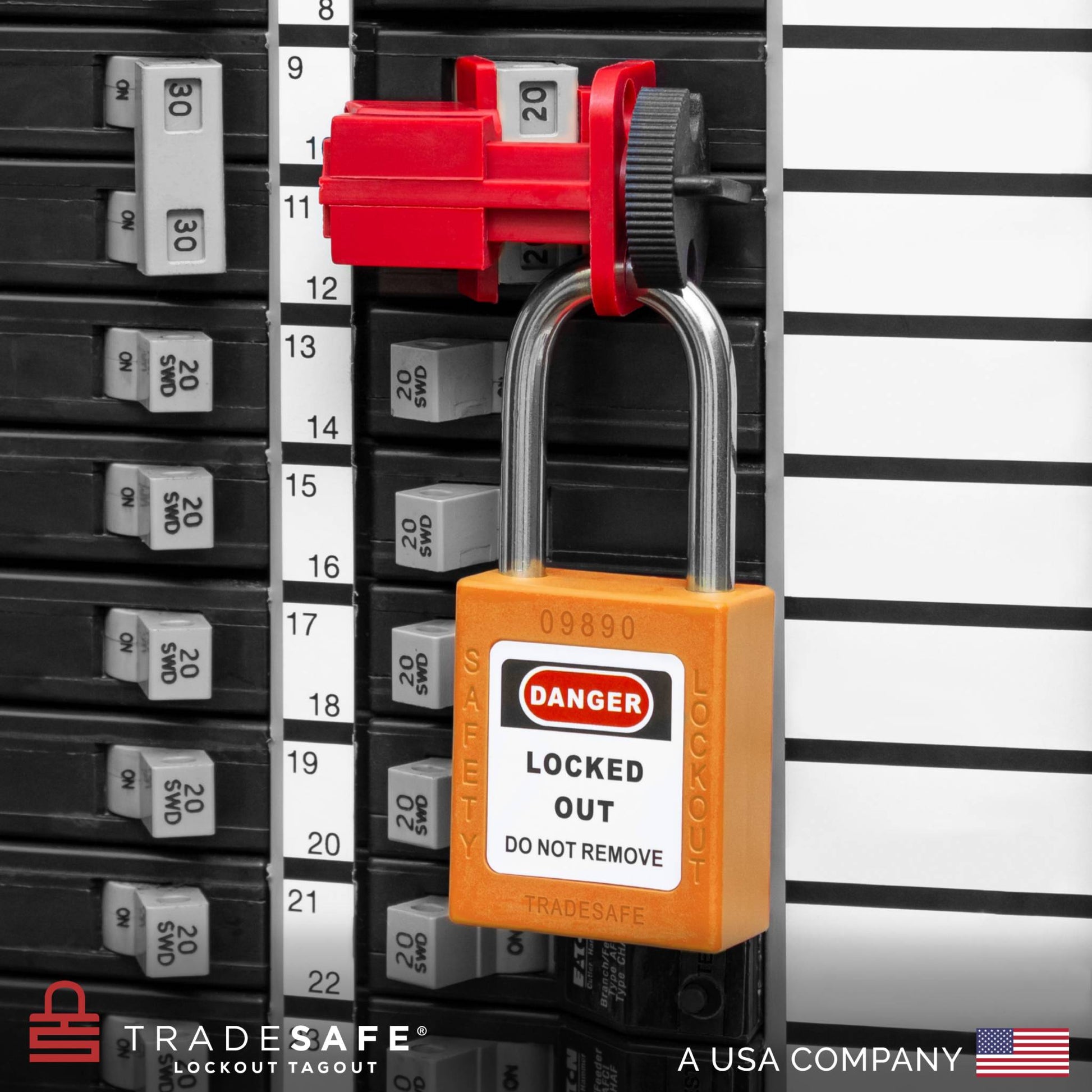 an orange loto padlock in-use along with a universal multi-pole circuit breaker lock