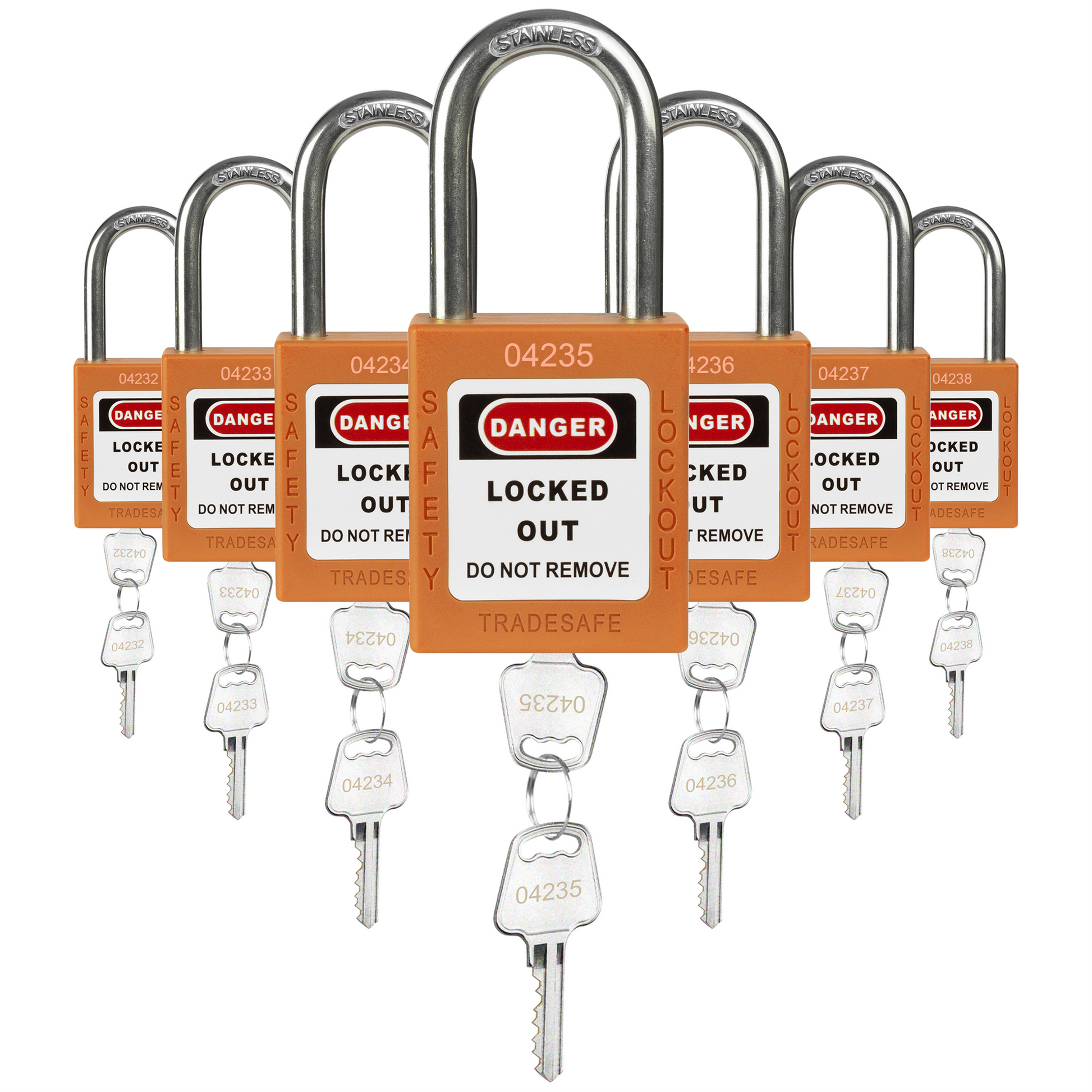 seven orange loto padlocks, each with two keys and a unique five-digit code engraved in both keys and padlock body