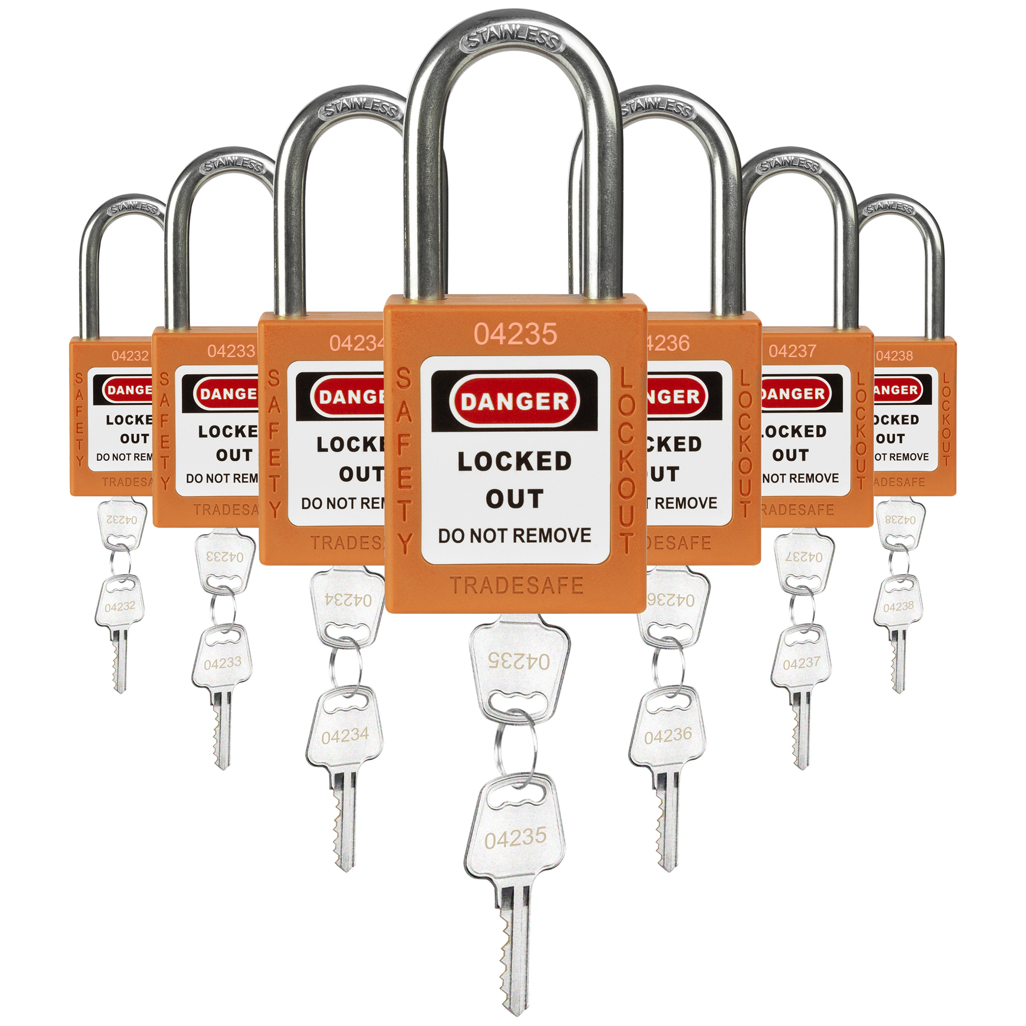 Keyed Different Lockout Locks - 7 Orange Padlocks - 2 Keys Per Lock