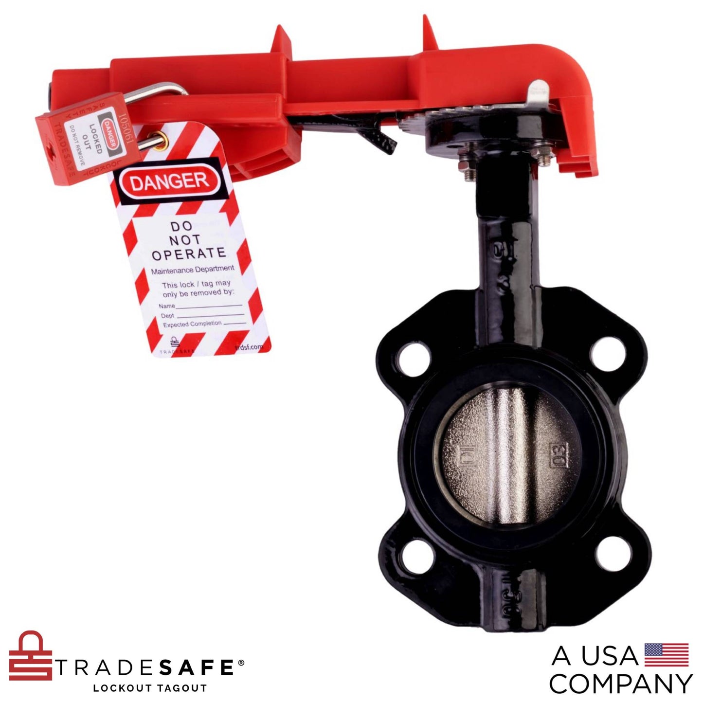 butterfly valve lockout device locking out valve handle with padlock and safety tag