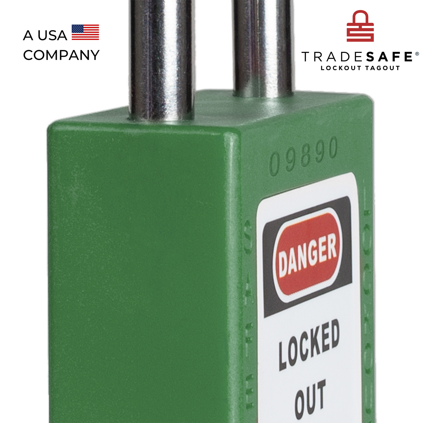 close-up slanted view of a green loto padlock's body with a five-digit code