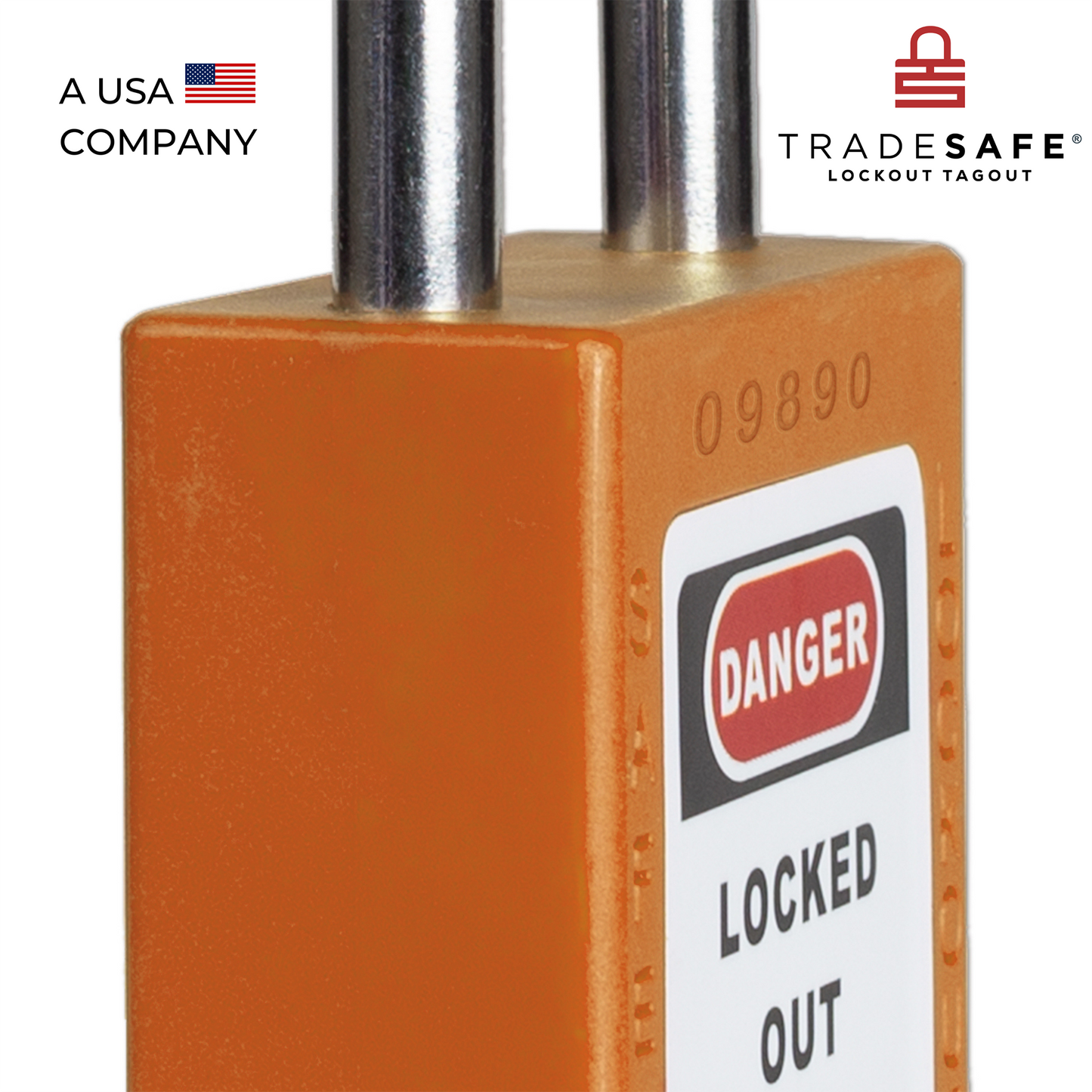 close-up slanted view of an orange loto padlock's body with a five-digit code