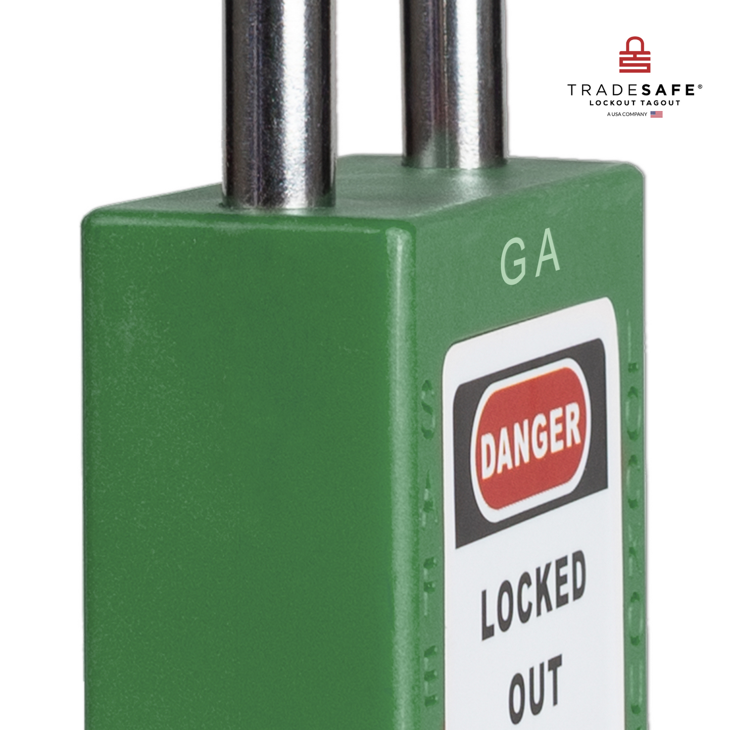 close-up slanted view of a green loto padlock's body