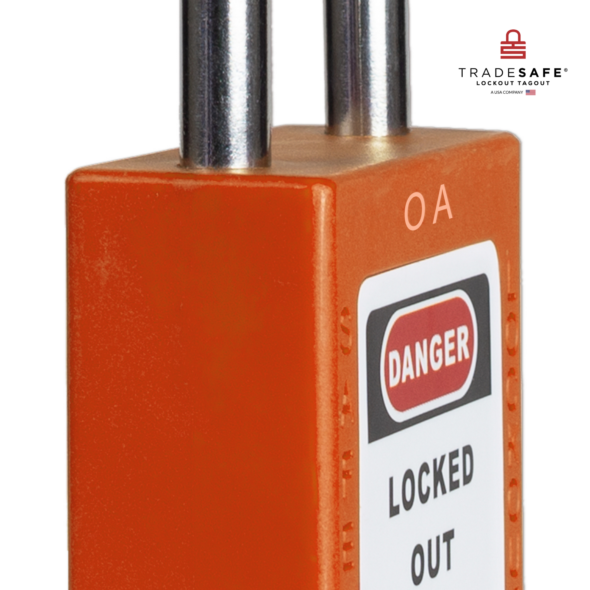 close-up slanted view of a orange loto padlock's body 