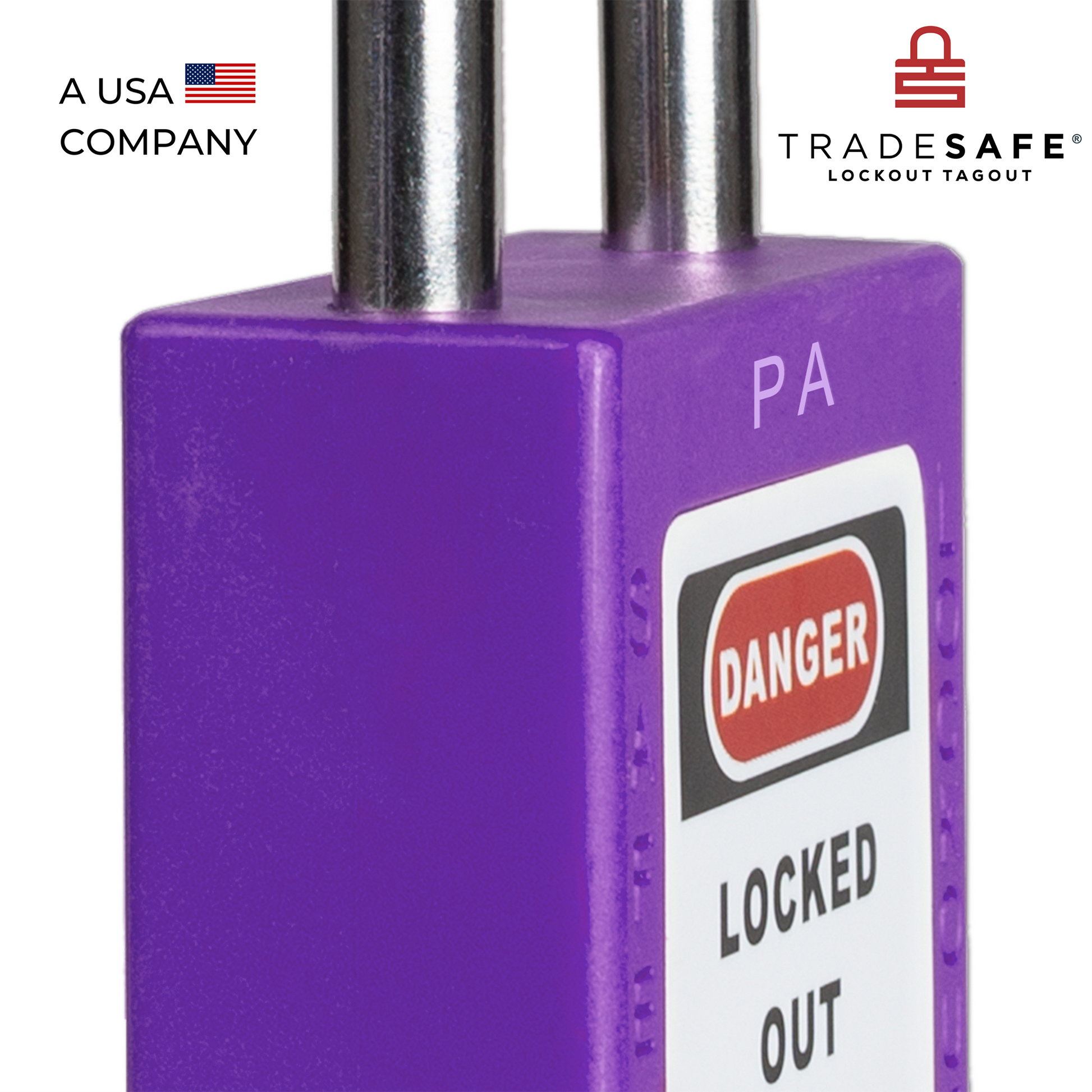 close-up slanted view of a purple loto padlock's body