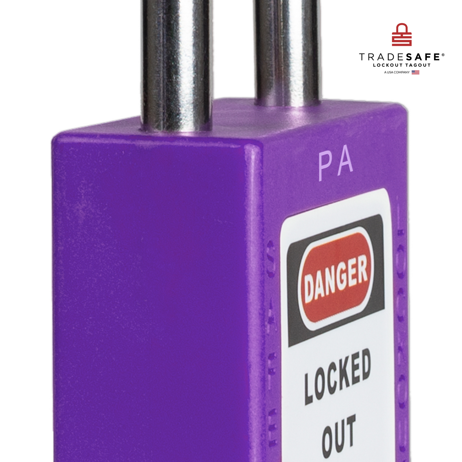 close-up slanted view of a purple loto padlock's body 