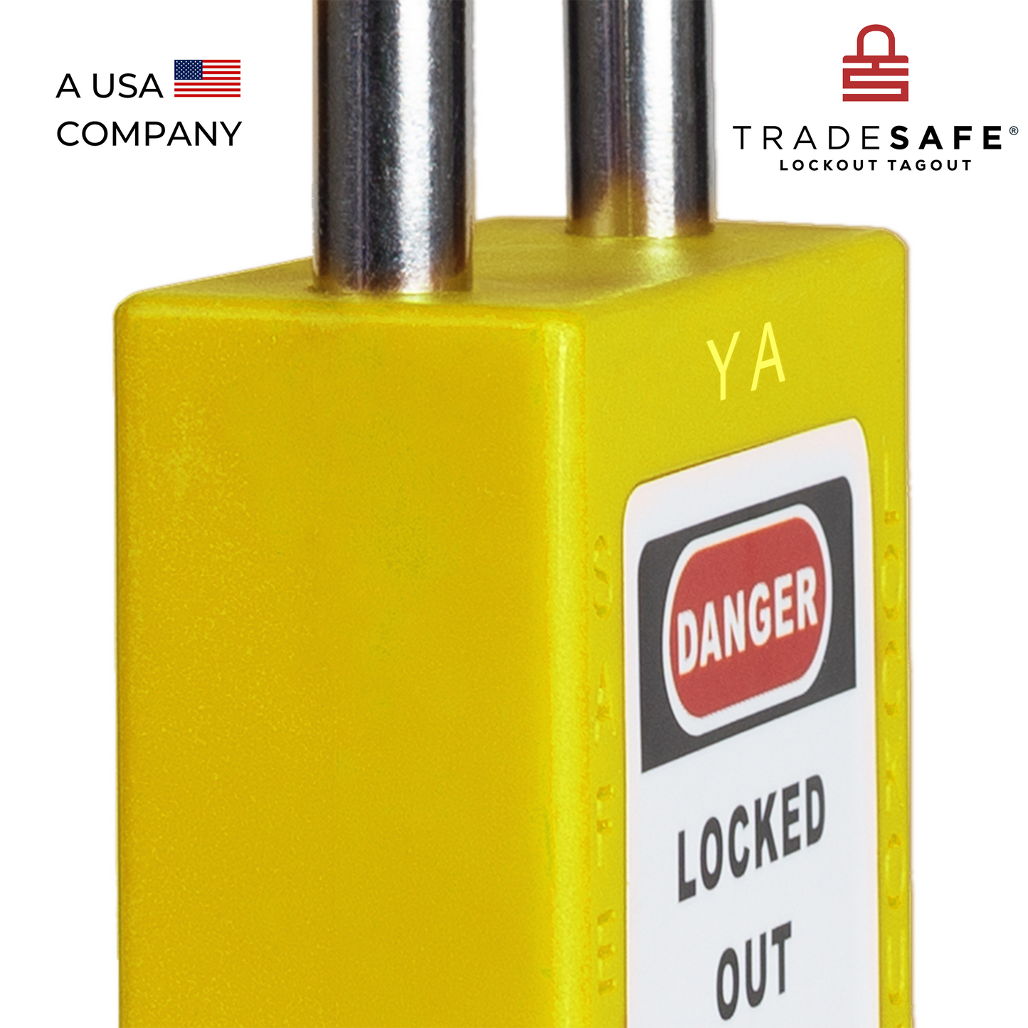 close-up slanted view of a yellow loto padlock's body