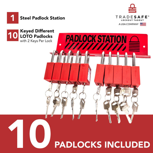 infographic of a padlock station with 10 loto padlocks indicating components and quantities