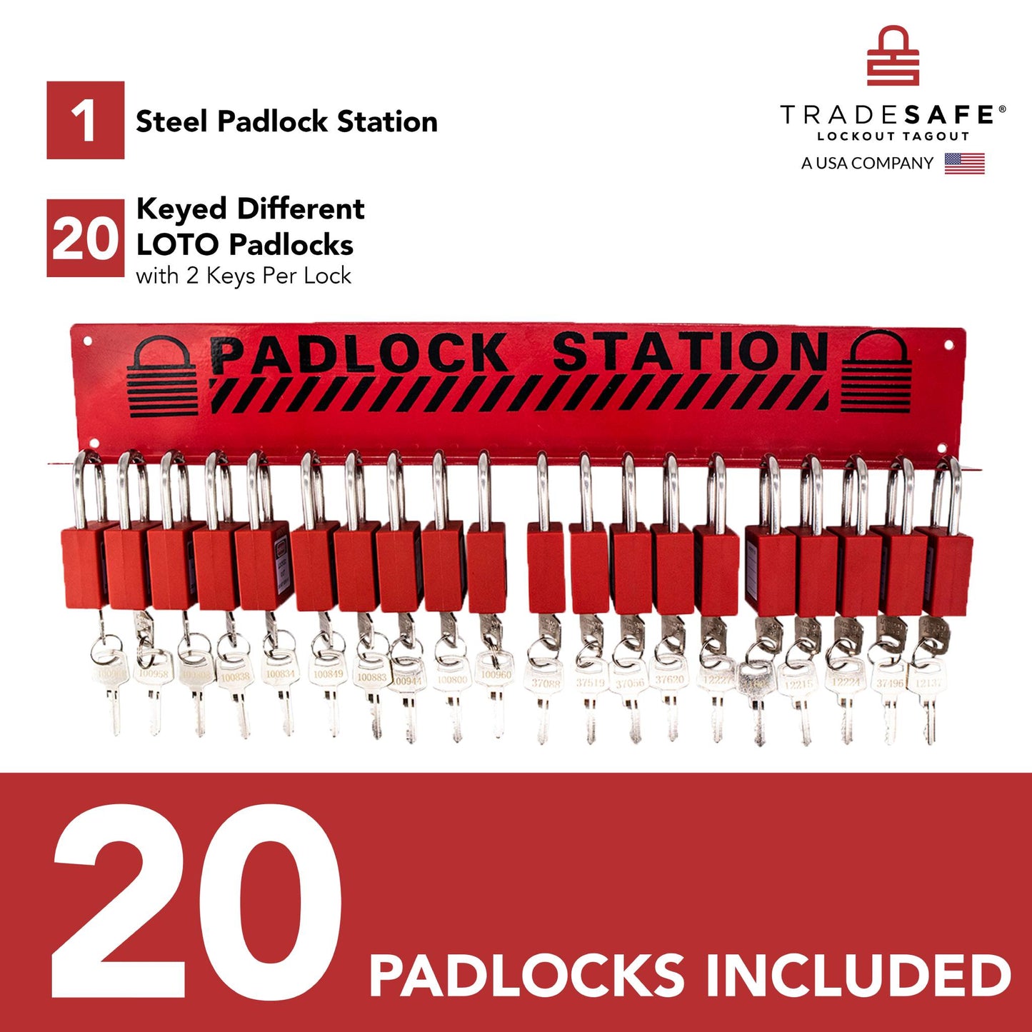 infographic of a padlock station with 20 loto padlocks indicating components and quantities