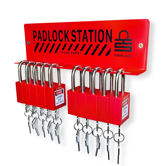 eye-level slanted view of a red padlock station stocked with 10 padlocks with 2 keys each