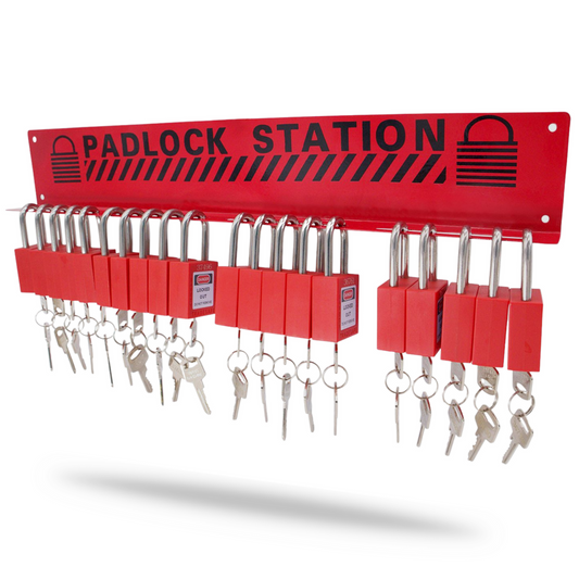 eye-level slanted view of a red padlock station stocked with 20 padlocks with 2 keys each