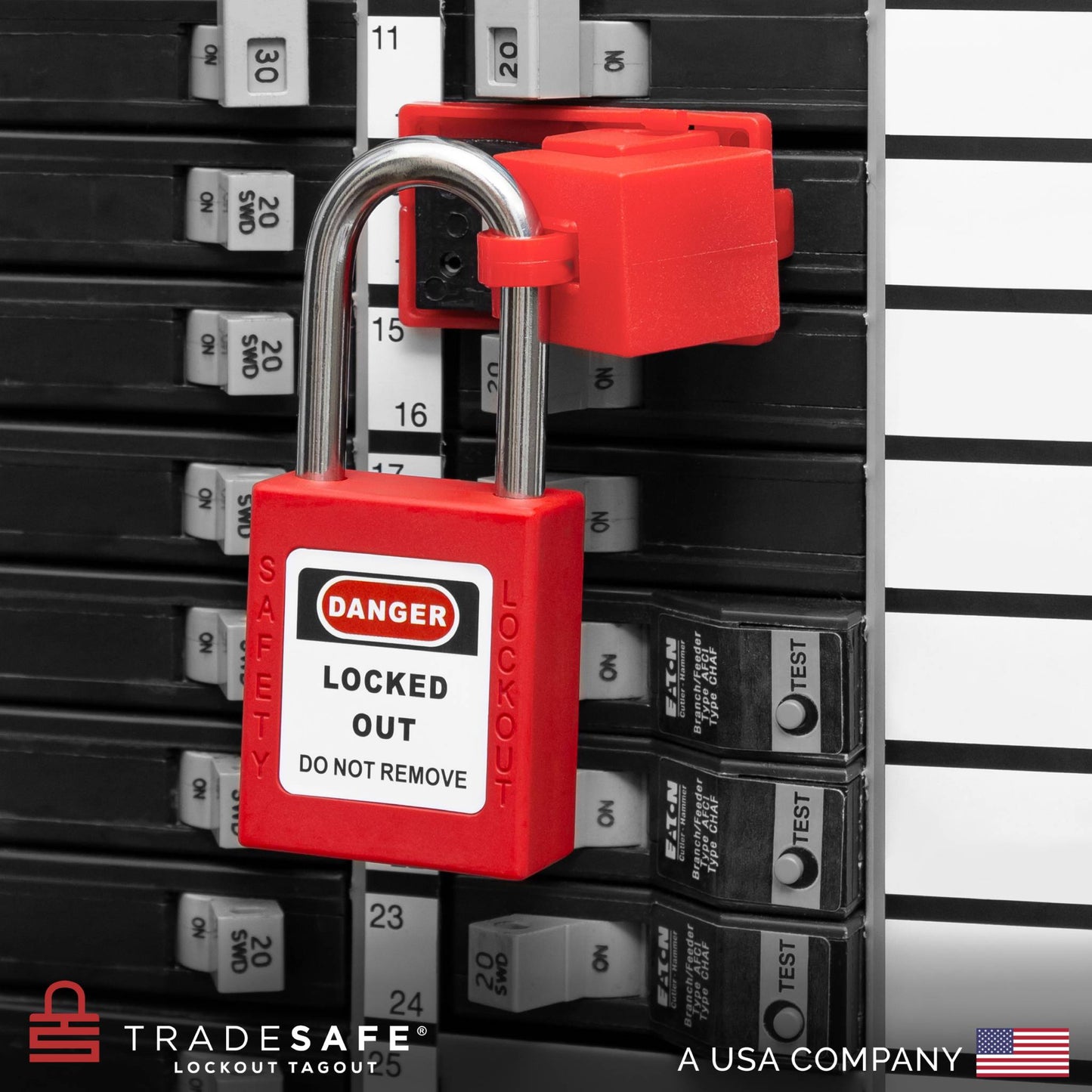 loto padlock in-use along with clamp-on circuit breaker