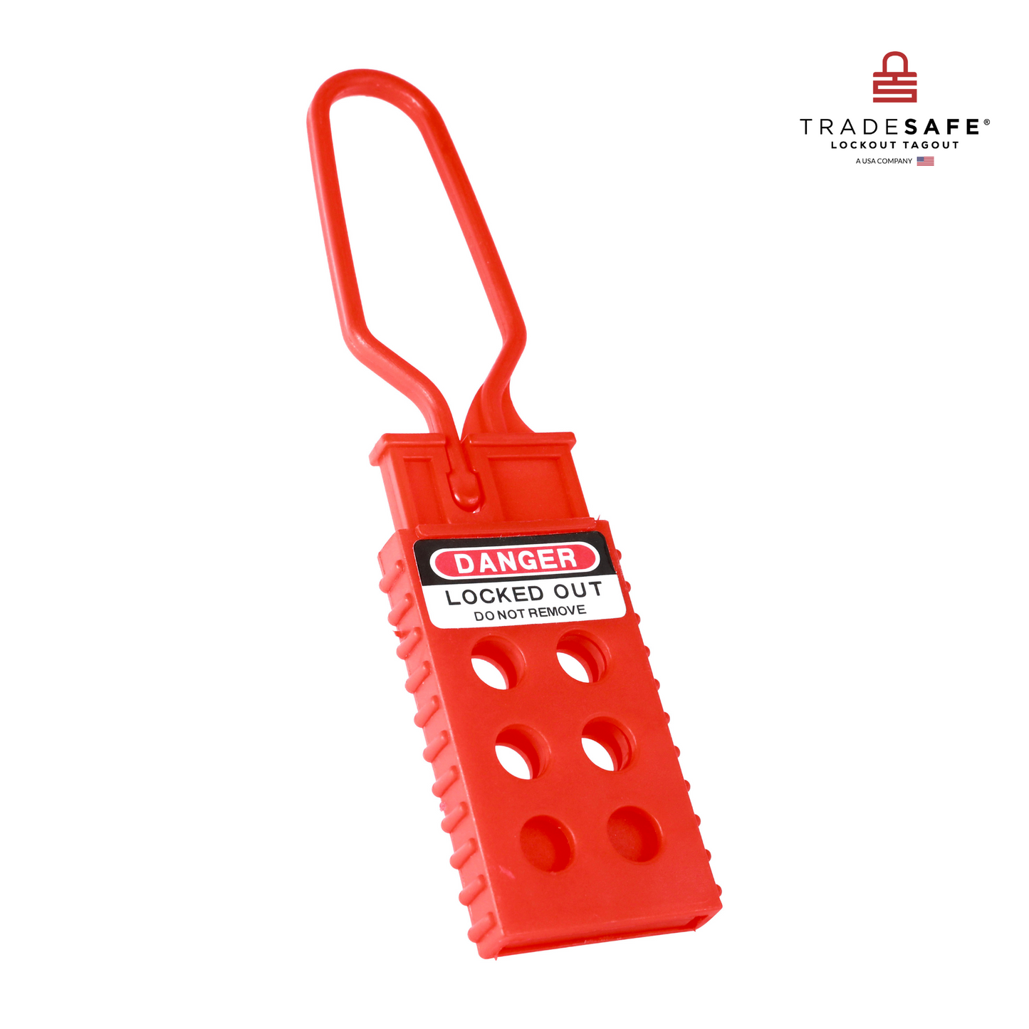 eye-level front view of plastic lockout tagout hasp with label "danger,locked out, do not remove"