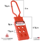 red plastic loto hasp with dimensions of its body and shackle jaw