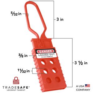 red plastic loto hasp with dimensions of its body and shackle jaw