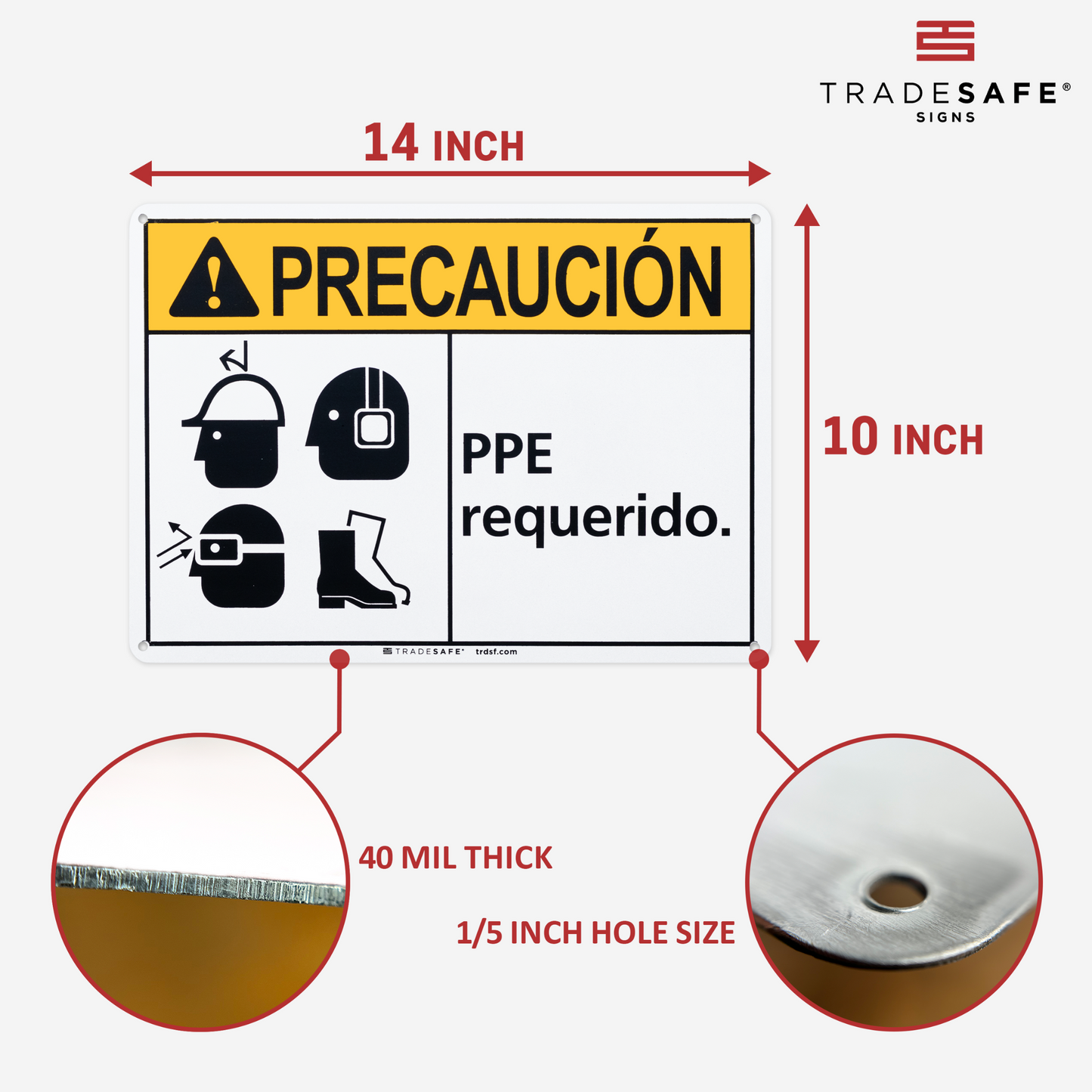 dimensions of ppe required sign in spanish