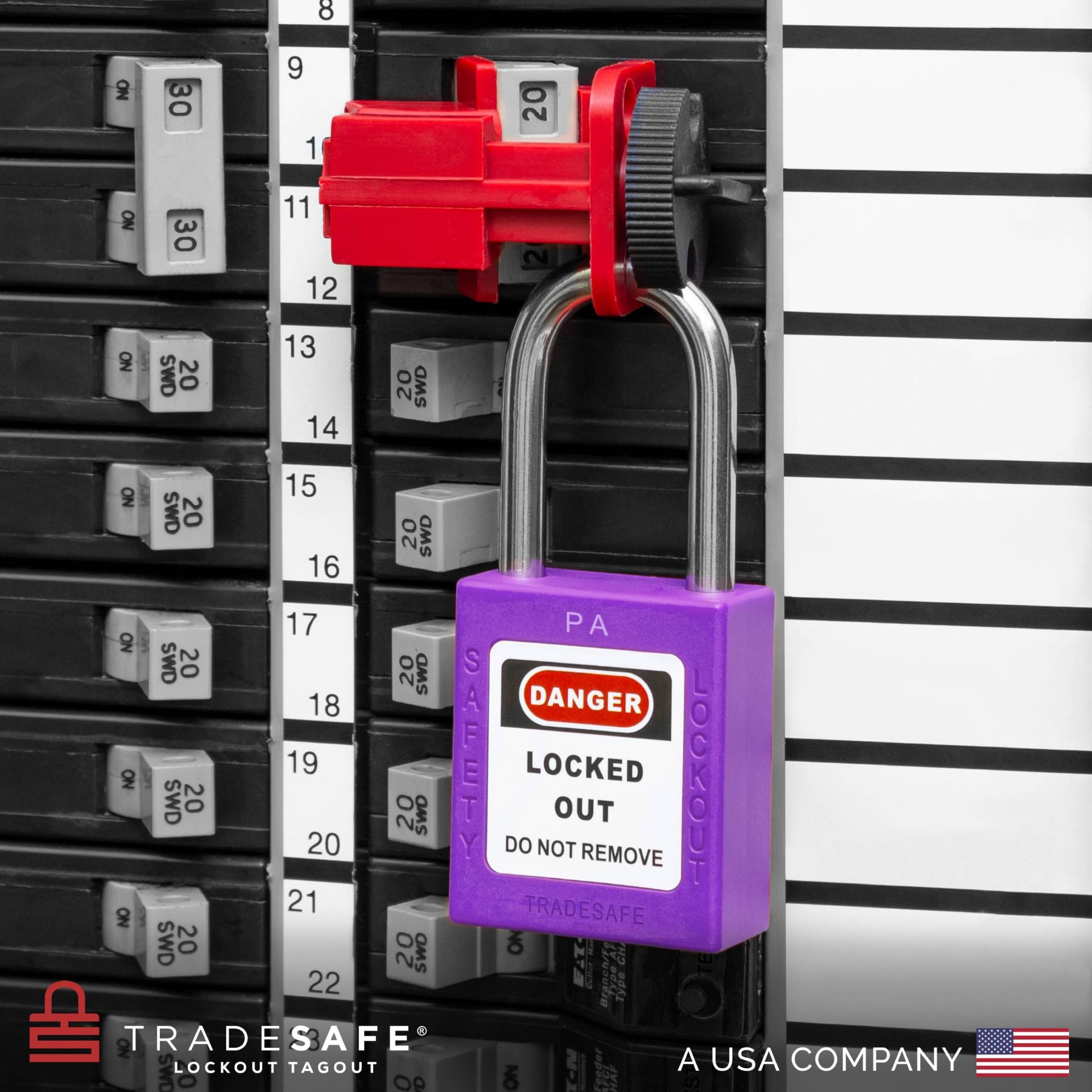 a purple loto padlock in use along with a universal multipole circuit breaker lock