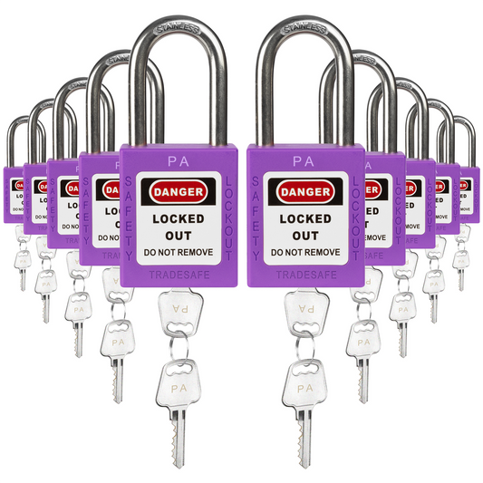 ten purple loto padlocks, each with two keys and a PA letter code on both the lock body and the keys