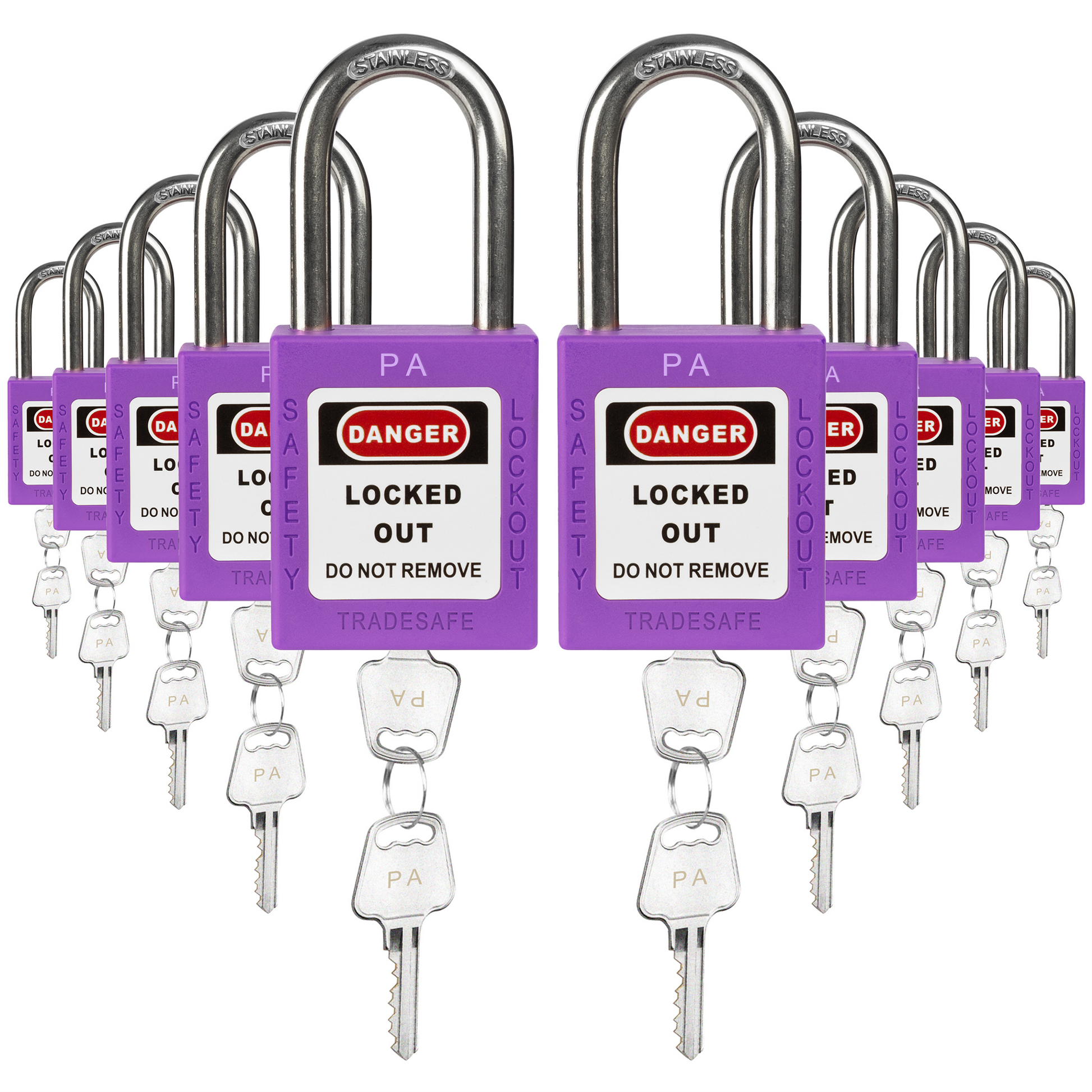 ten purple loto padlocks, each with two keys and a PA letter code on both the lock body and the keys