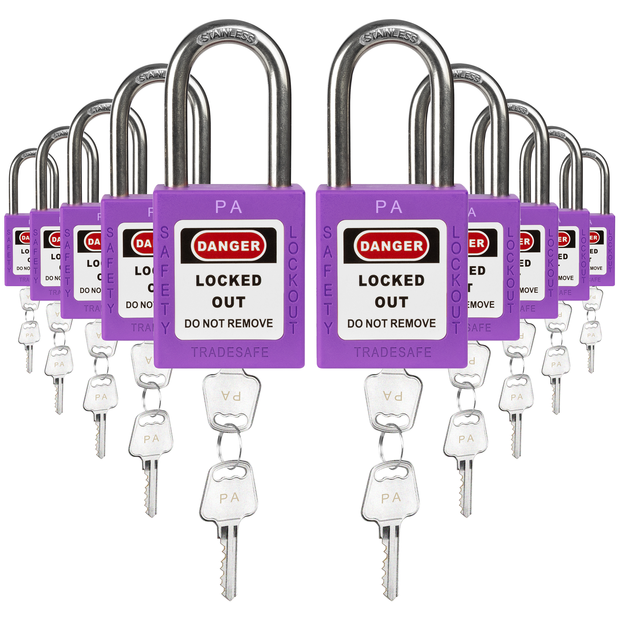 Keyed Alike Unlimited Lockout Locks - 10 Purple Padlocks - 2 Keys Per Lock