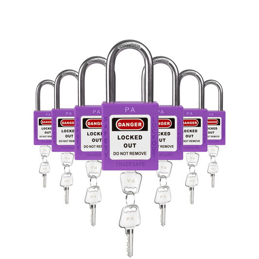 seven purple loto padlocks, each with two keys and a PA letter code on both the lock body and the keys 