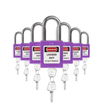 seven purple loto padlocks, each with two keys and a PA letter code on both the lock body and the keys 