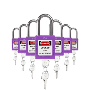 seven purple loto padlocks, each with two keys and a PA letter code on both the lock body and the keys 