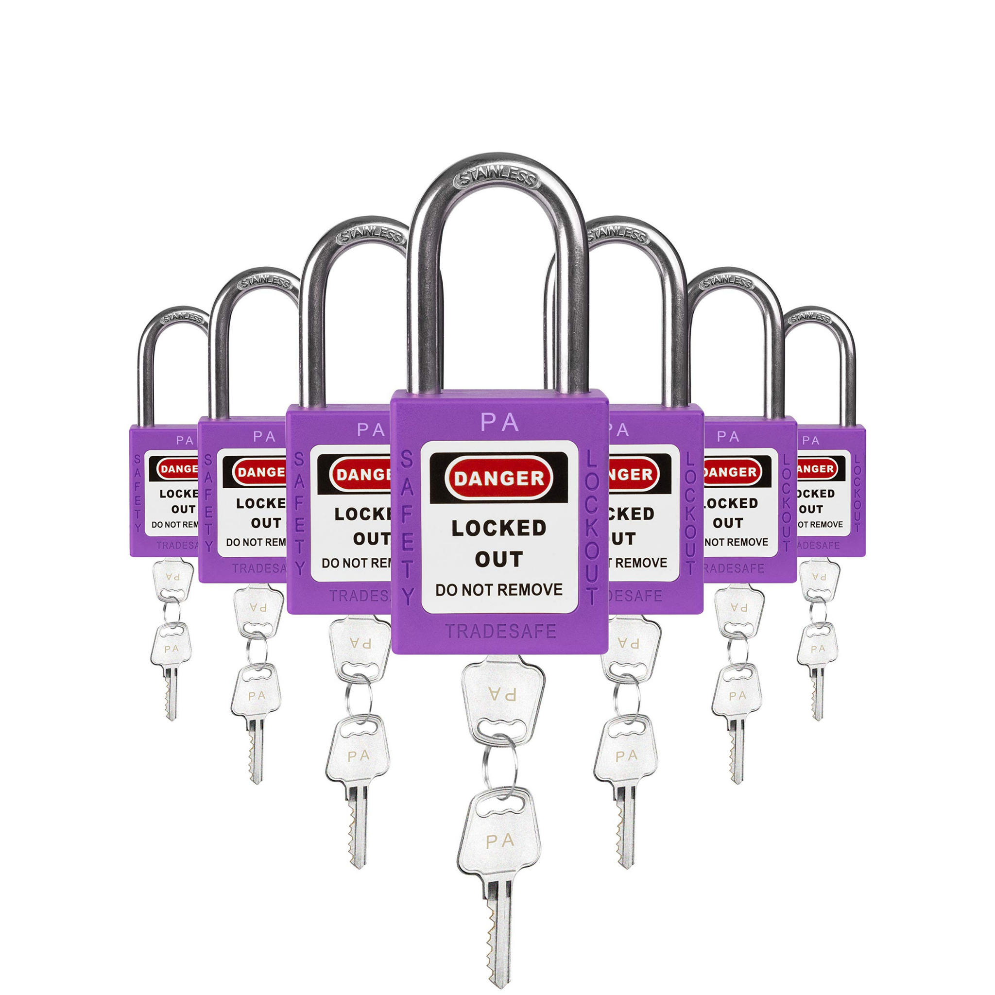 Keyed Alike Unlimited Lockout Locks - 7 Purple Padlocks - 2 Keys Per Lock