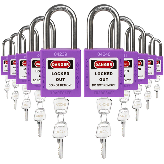 ten purple loto padlocks, each with two keys and a unique five-digit code engraved in both keys and padlock body