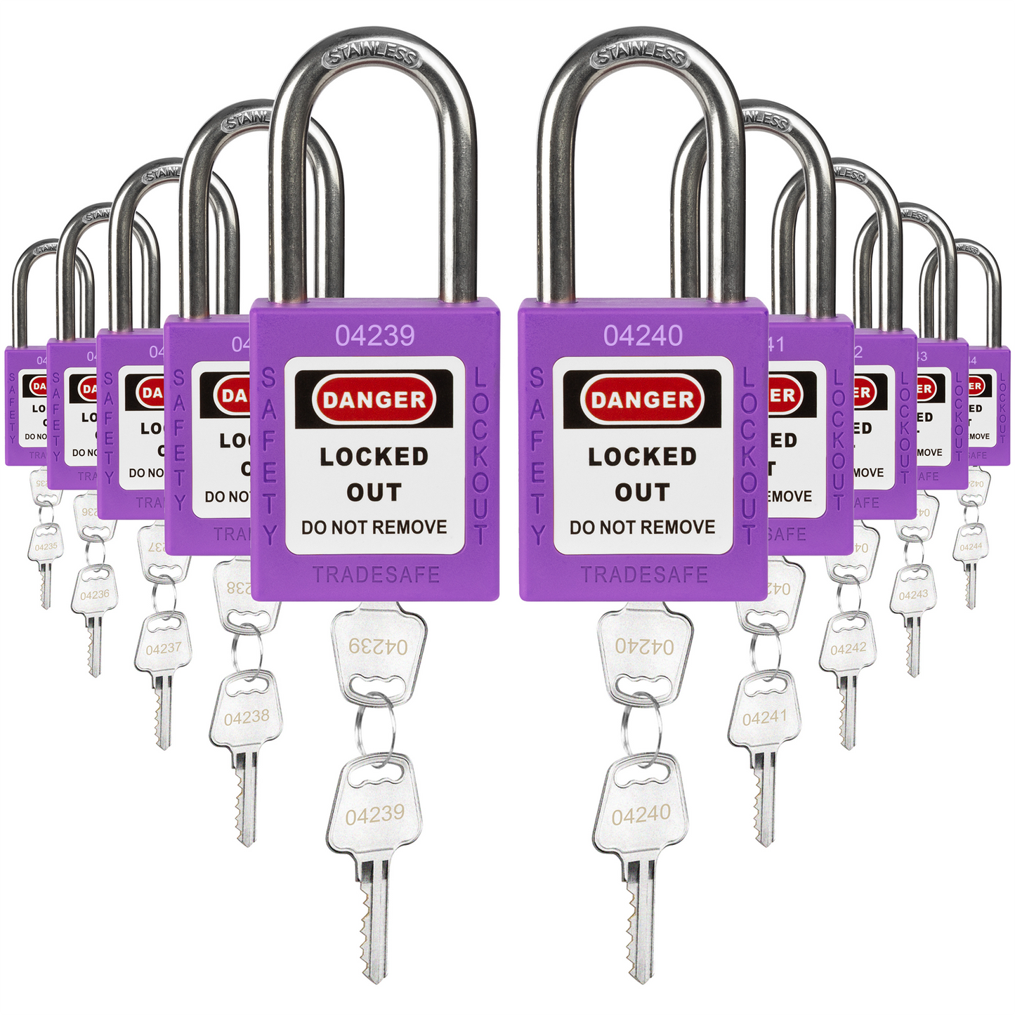 ten purple loto padlocks, each with two keys and a unique five-digit code engraved in both keys and padlock body