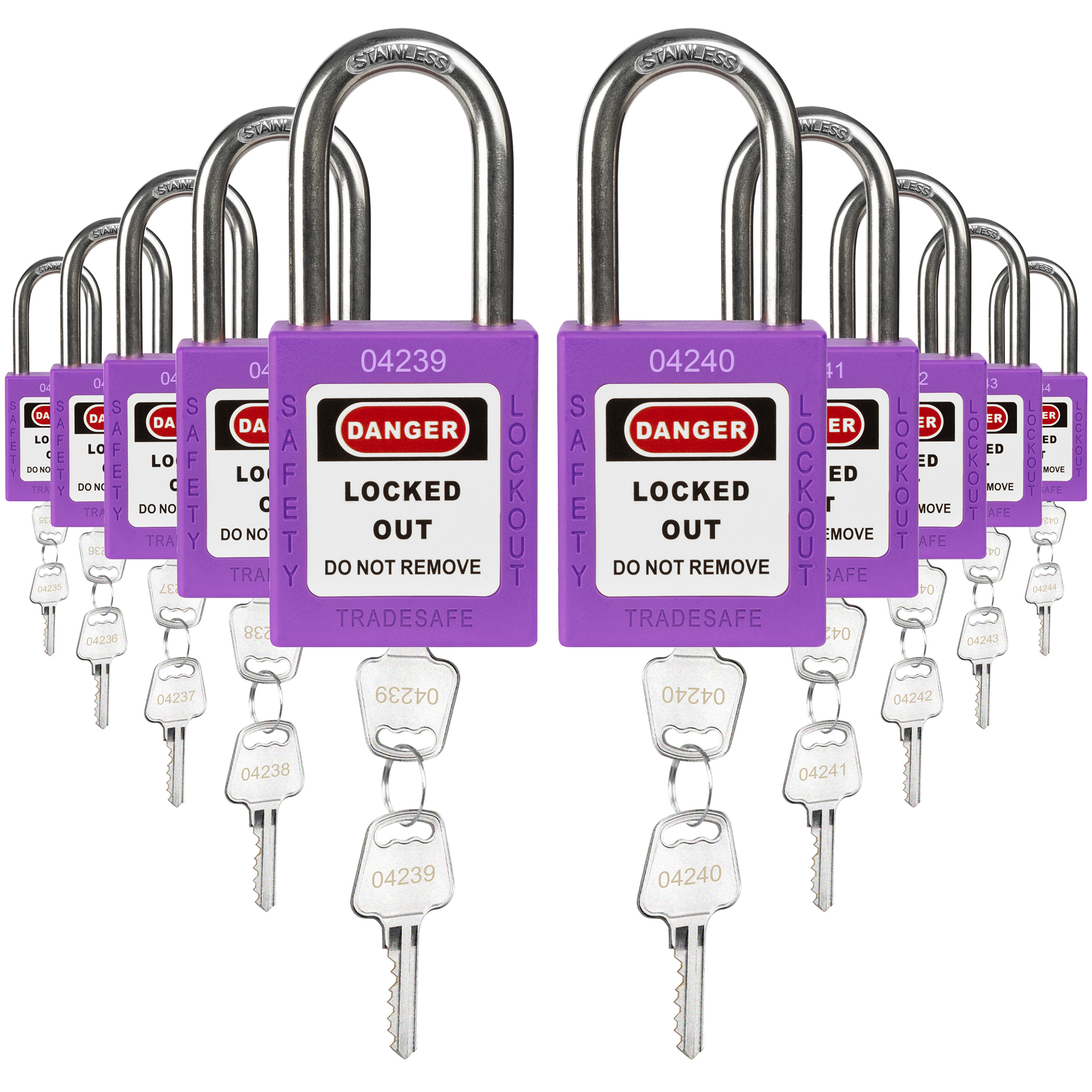 Keyed Different Lockout Locks - 10 Purple Padlocks - 2 Keys Per Lock