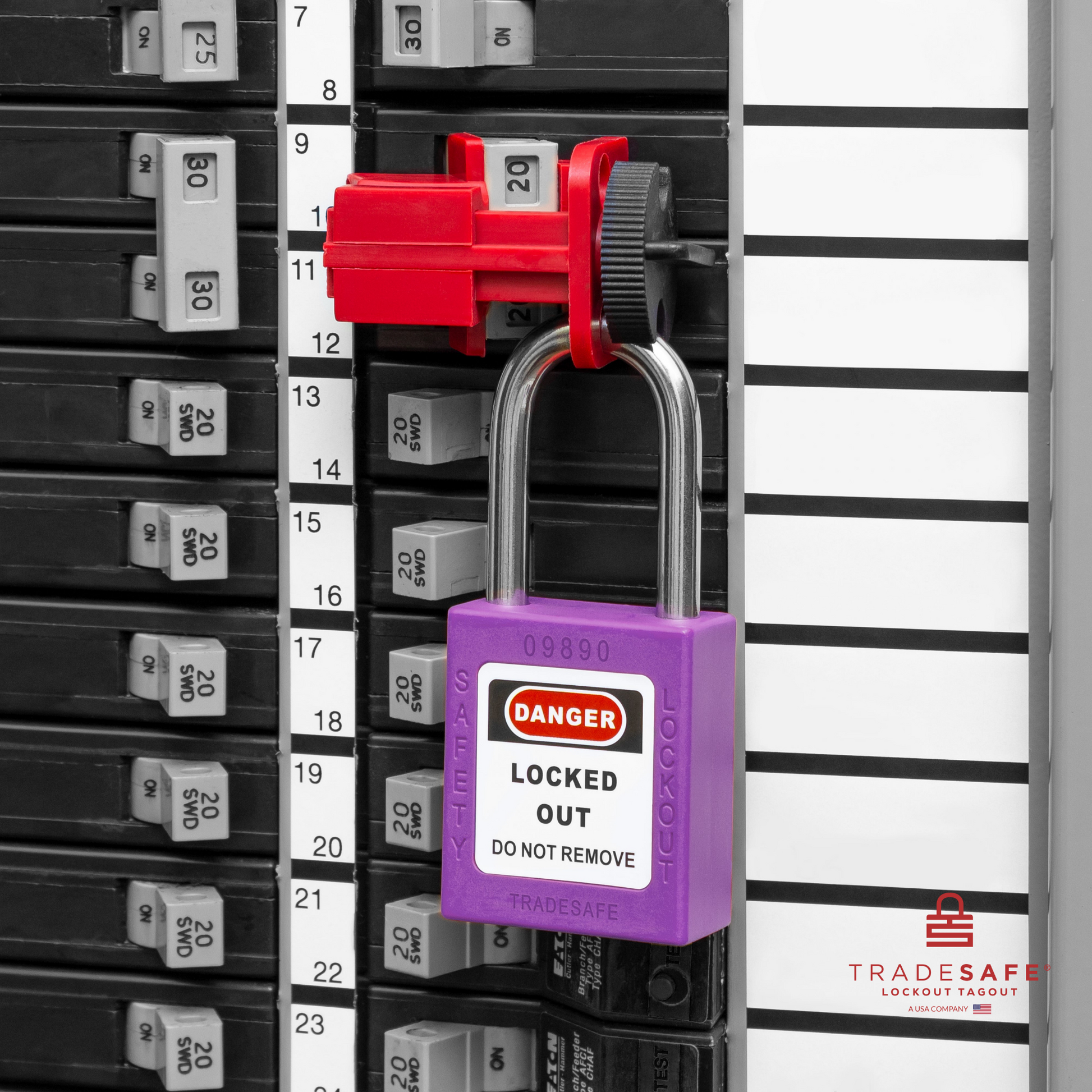 a purple loto padlock in-use along with a universal multi-pole circuit breaker lock