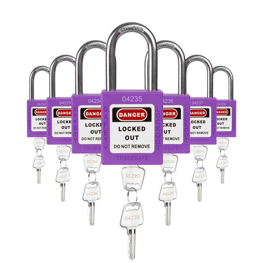 seven purple loto padlocks, each with two keys and a unique five-digit code engraved in both keys and padlock body