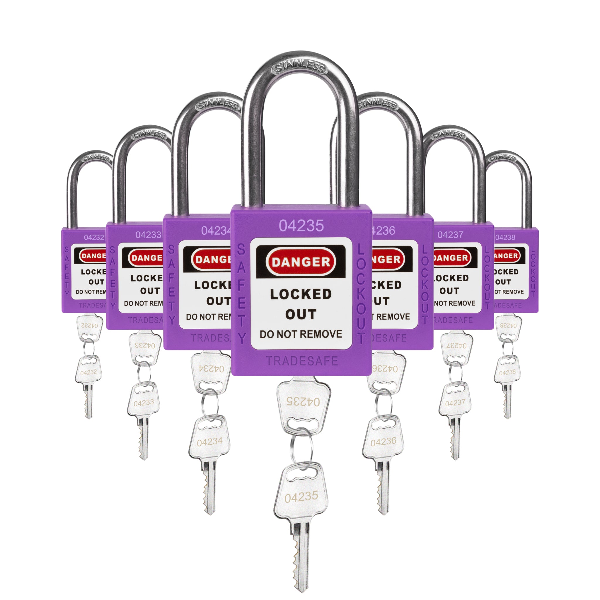 Juego de candados de bloqueo y etiquetado con diferentes llaves - 7 candados de seguridad morados - 2 llaves por candado