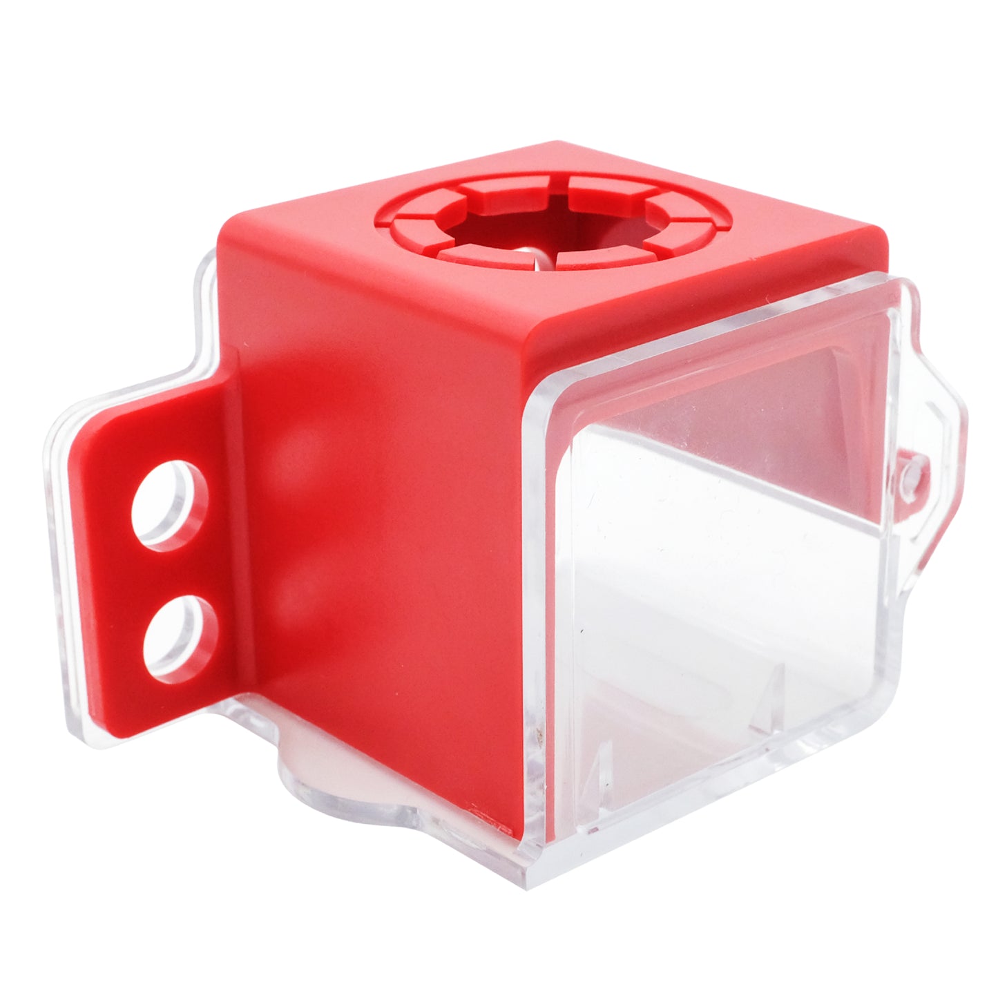 eye-level view of a closed box type red push button lockout with transparent cover