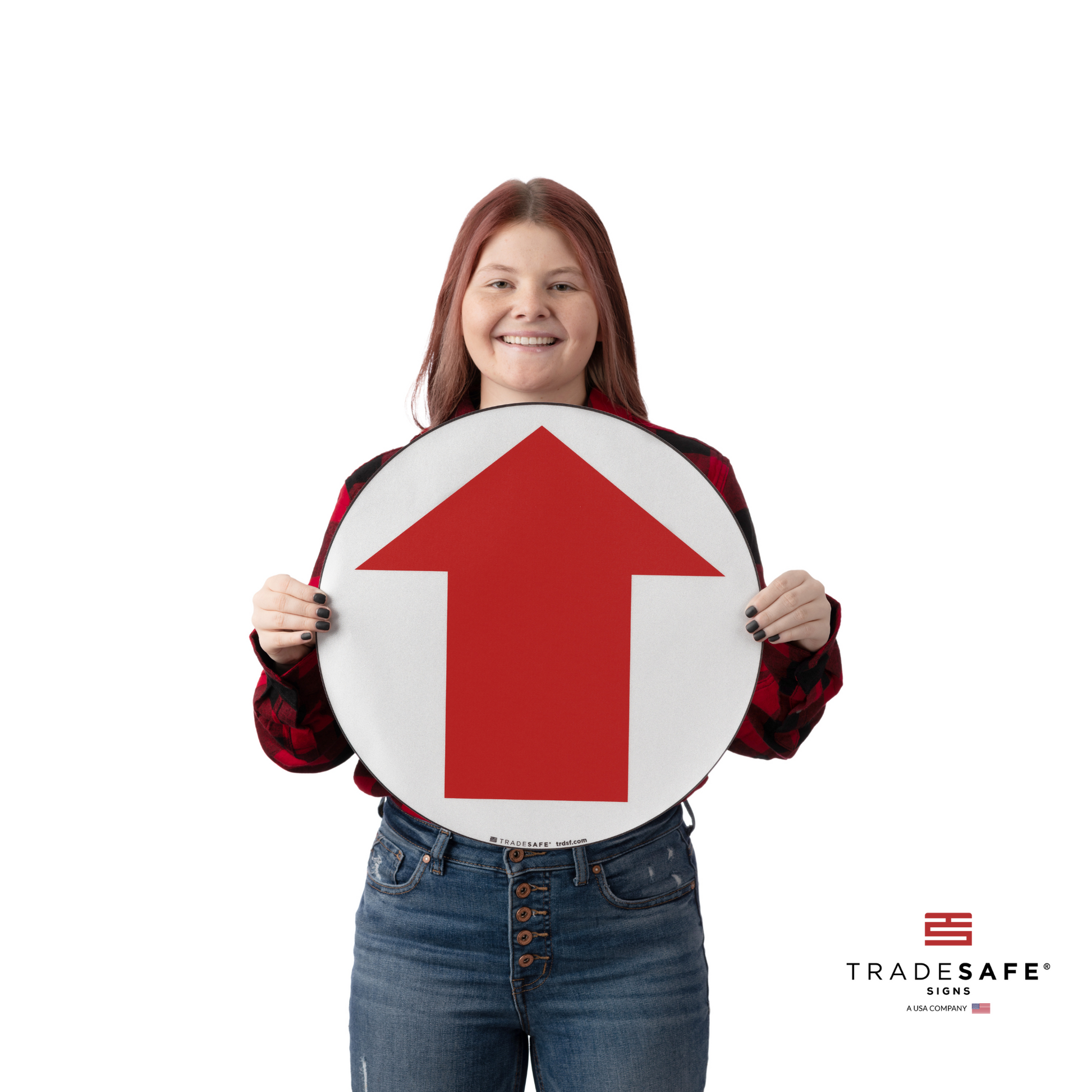 a person holding the red arrow up sign