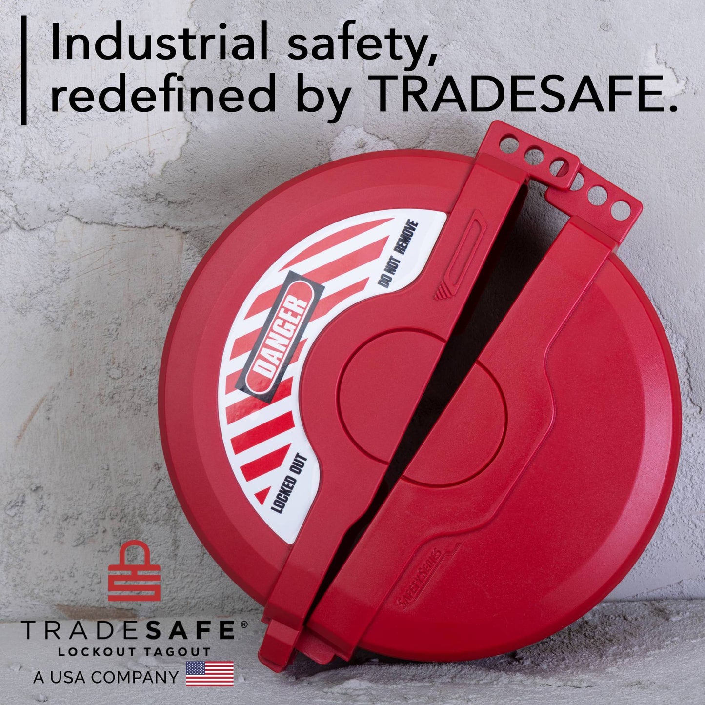 lockout tagout branding image; industrial safety, redefined by tradesafe