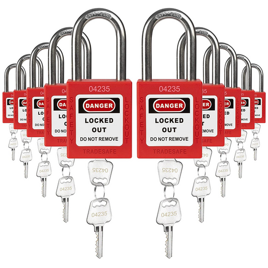 ten red loto padlocks, each with two keys and a uniform five-digit code on both the lock body and the keys 