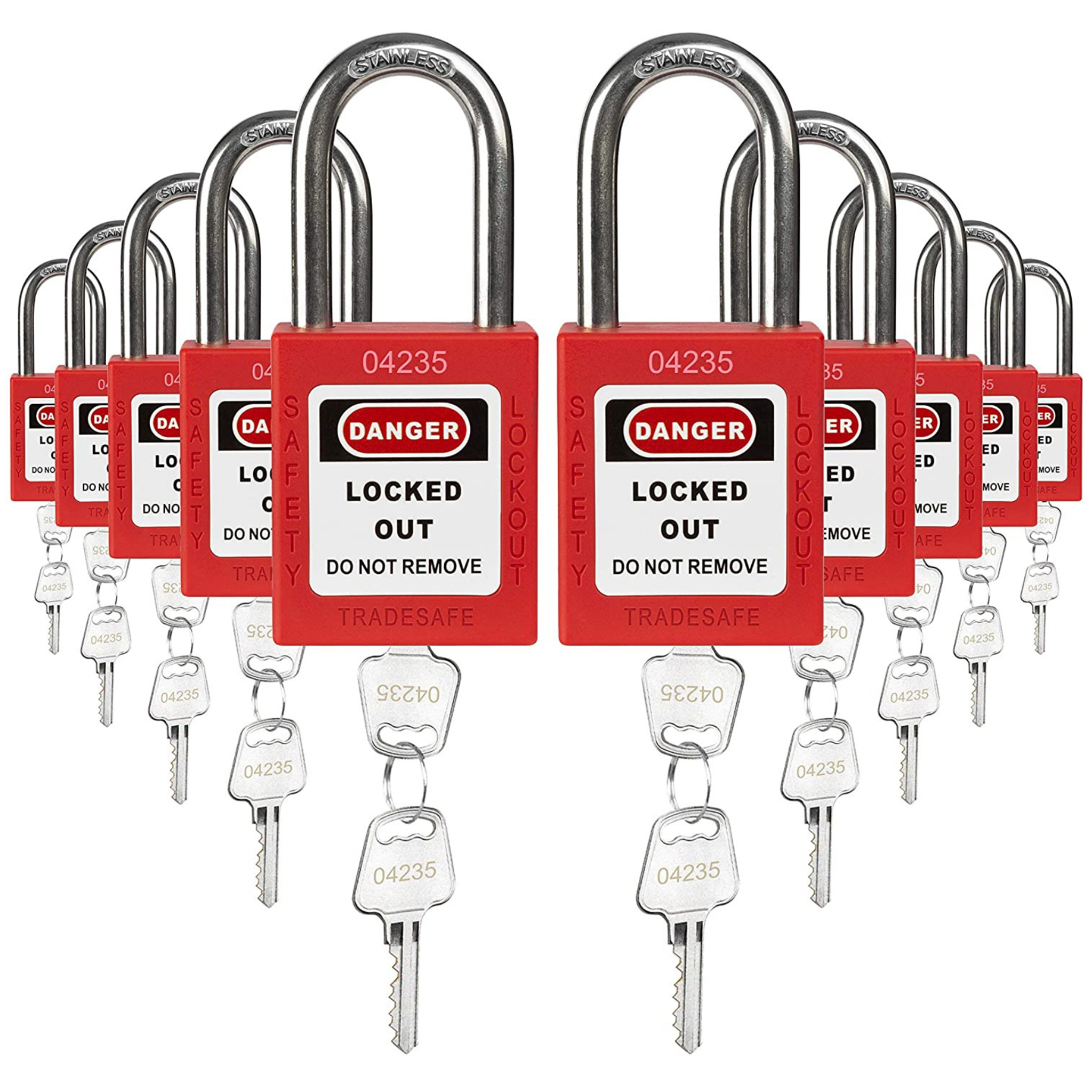 Keyed Alike Lockout Locks - 10 Red Padlocks - 2 Keys Per Lock